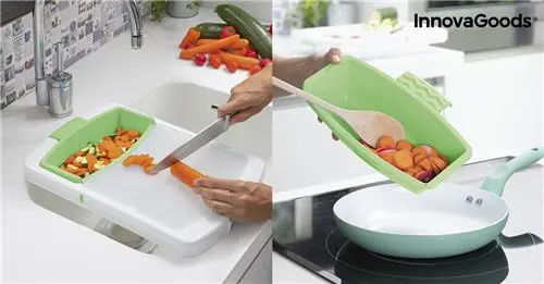 PLANCHE A DECOUPER EXTENSIBLE AVEC PLATEAU RECIPIENT ET EGOUTTOIR 3 EN 1