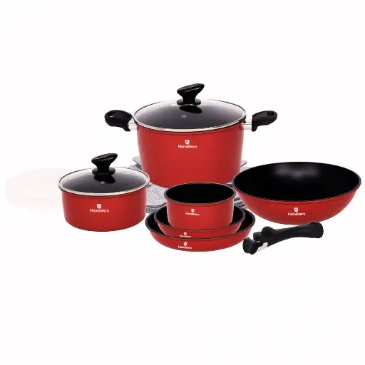 [HV-1017R] BATTERIE DE CUISINE EN ACIER AU CARBONE 17 PIECES HOMEVERO (rouge)